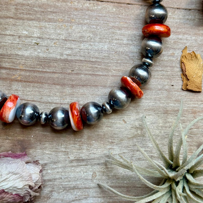 Orange Spiny Oyster & Sterling Silver Pearl Necklace