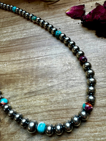 20 inch 8 mm Sterling Silver Pearls necklace with turquoise and spiny Mohave