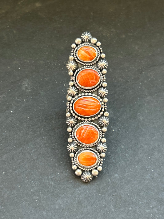 Sterling silver orange spiny oyster crawler ring, handcrafted by artist Shay Pfeiffer in the USA