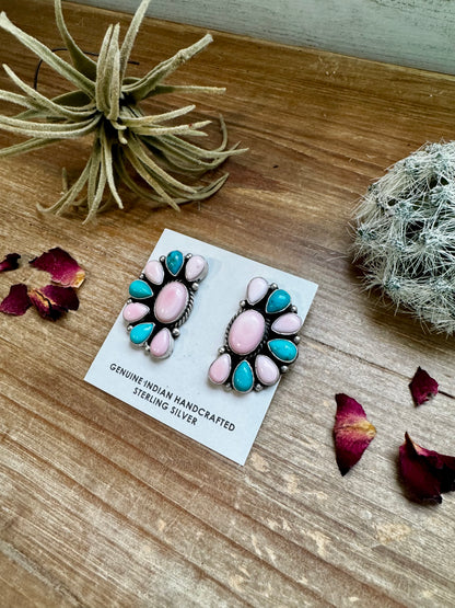 Cluster Stud earrings - Turquoise and pink conch Earrings option 1