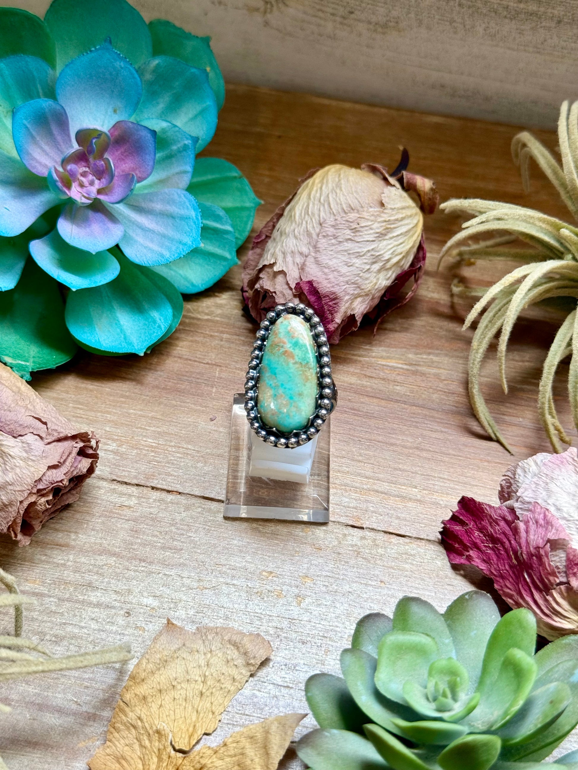 light green turquoise adjustable sterling silver oval ring handmade USA MJ