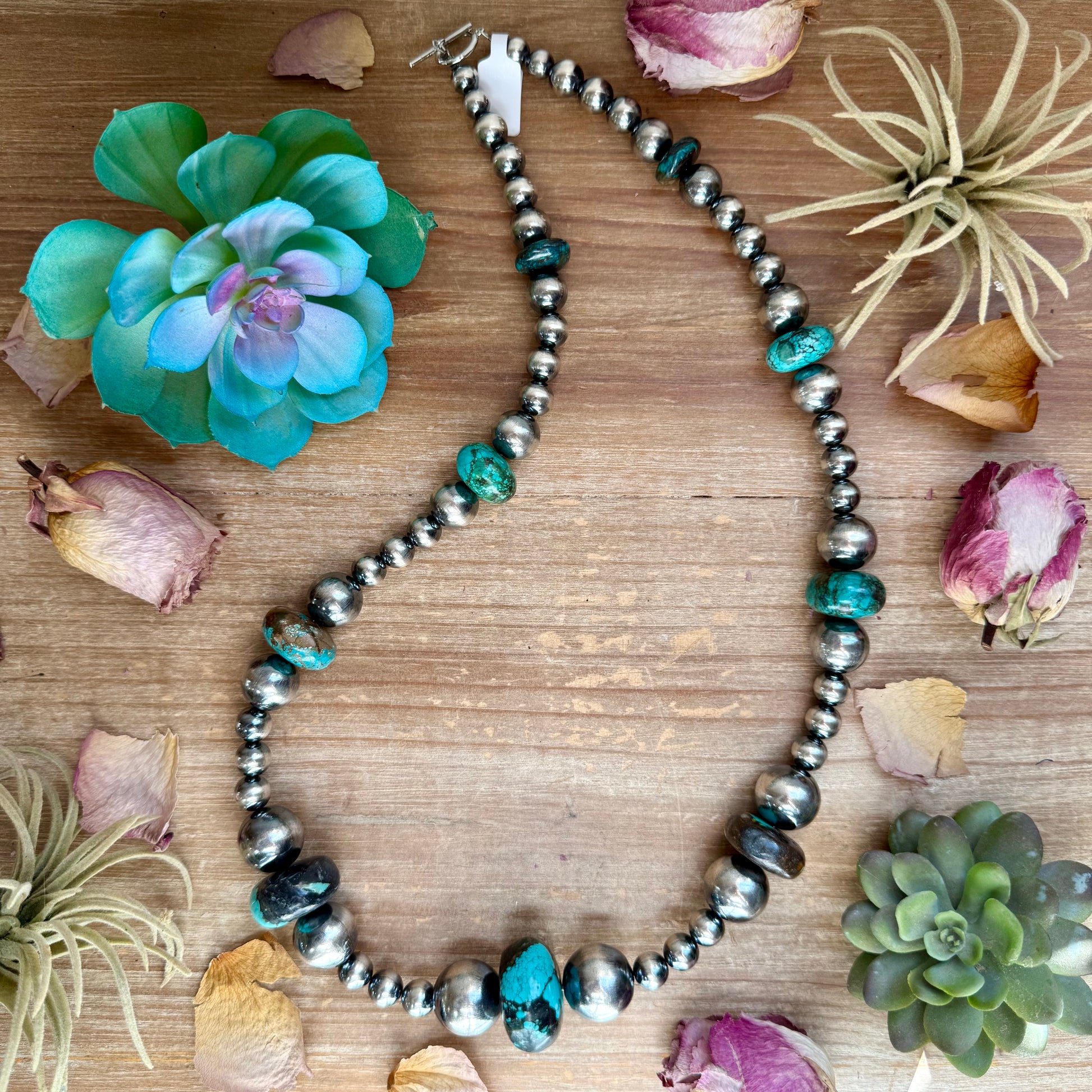 29 inch massive turquoise rondelle necklace with sterling silver pearls and non tarnish hook handmade by The Bijoux FAB