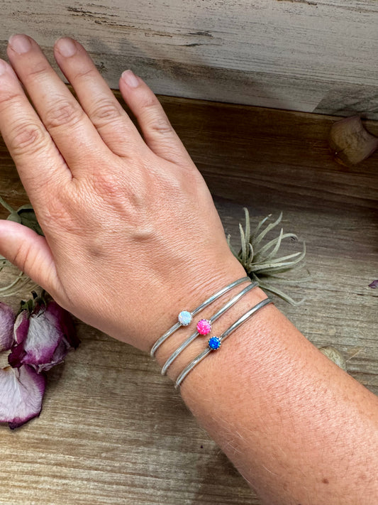 Sterling silver cuff bracelet with choice of pink, blue, or white opal, stamped GS, Native made in the USA