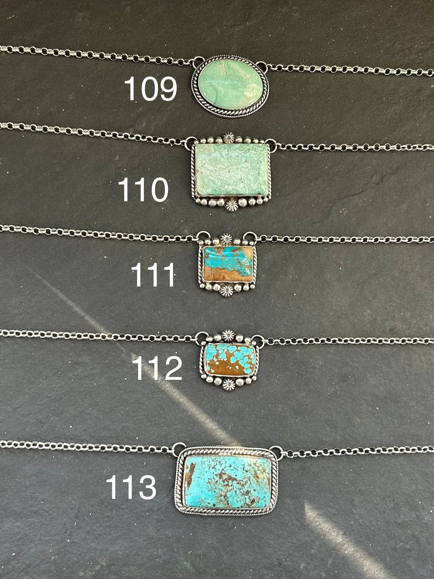 Sterling silver bar necklace with Easter Blue turquoise by Texas artist Jason Ogg

