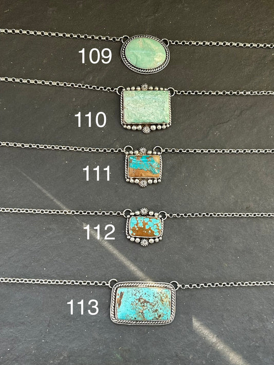 Sterling silver bar necklace with Easter Blue turquoise by Texas artist Jason Ogg

