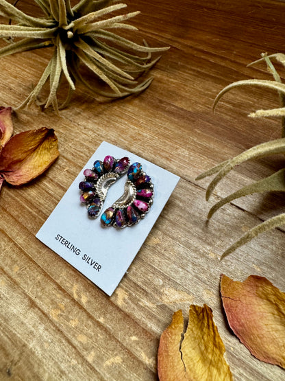 Half cluster earrings handcrafted with vibrant pink dahlia stones set in solid sterling silver. Stamped JW and made in the USA. Each pair is one of a kind. Curated by The Bijoux FAB.