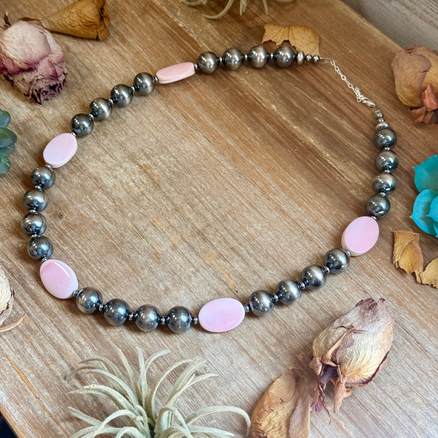Pink Conch Oval & Sterling Silver Pearl Necklace