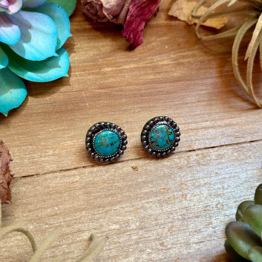Handmade round turquoise sterling silver stud earrings by The Bijoux FAB
