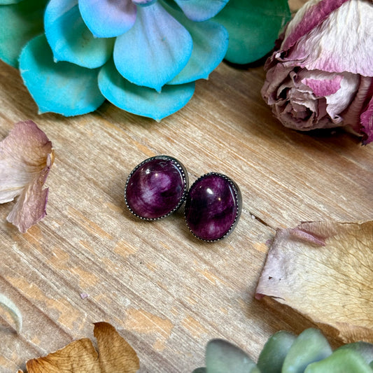 Purple spiny oyster stud earrings in sterling silver handmade in-house by MJ in the USA
