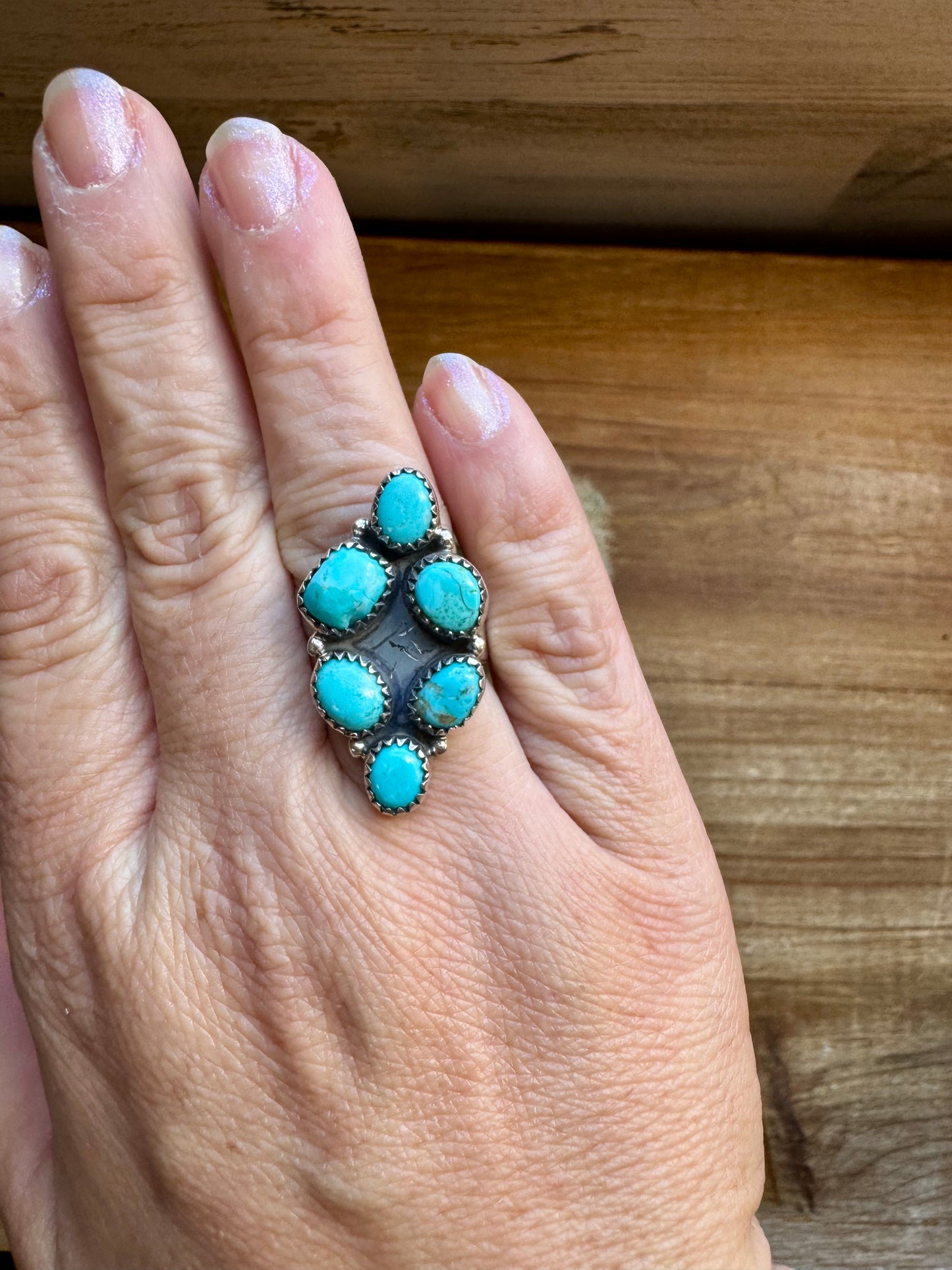 Long Ring- adjustable- Kingman turquoise ring and sterling silver