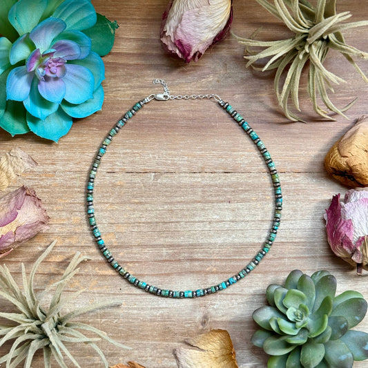 14 inch turquoise heishi and sterling silver saucer bead necklace made by The Bijoux FAB
