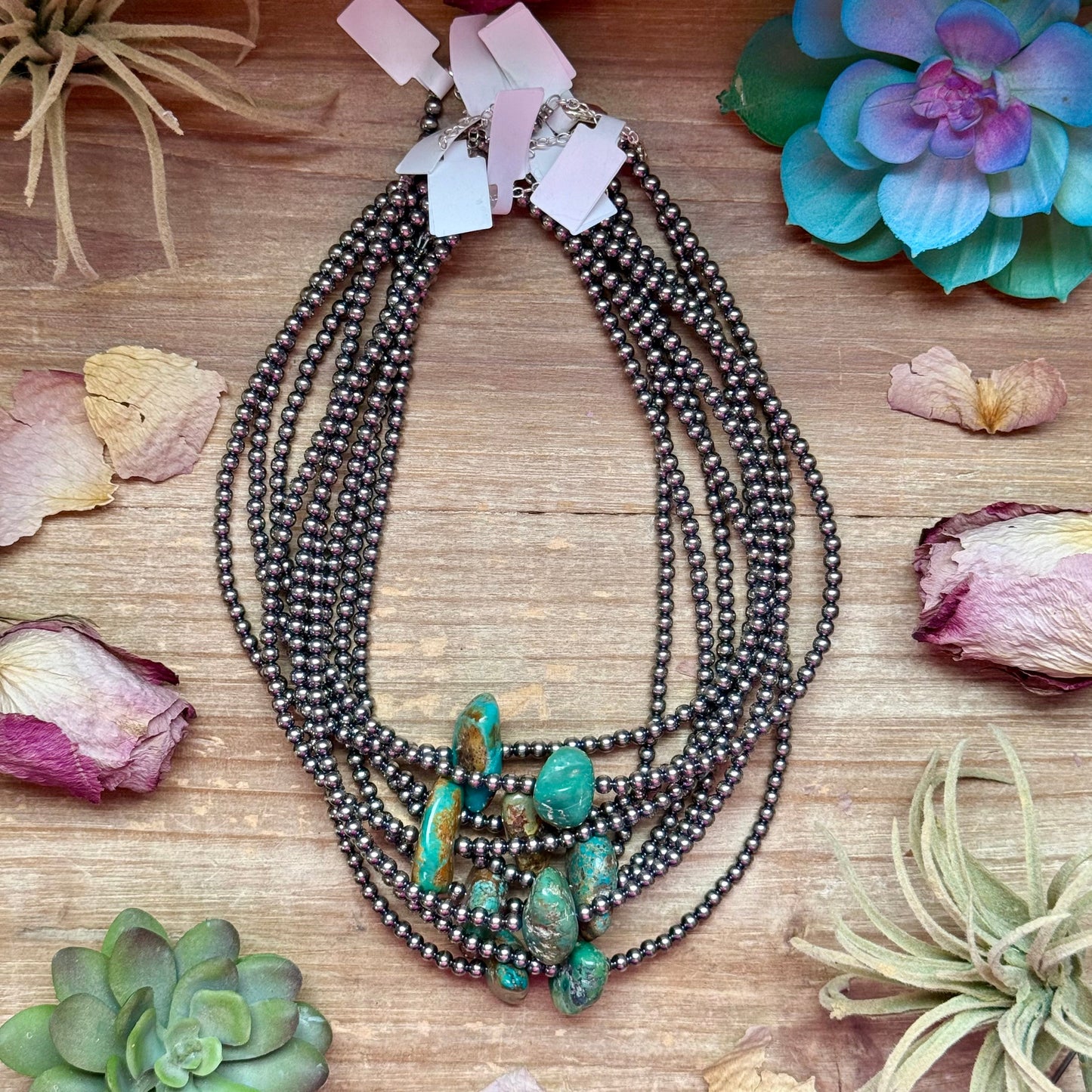 16” Green & Brown Turquoise Necklace – Sterling Silver