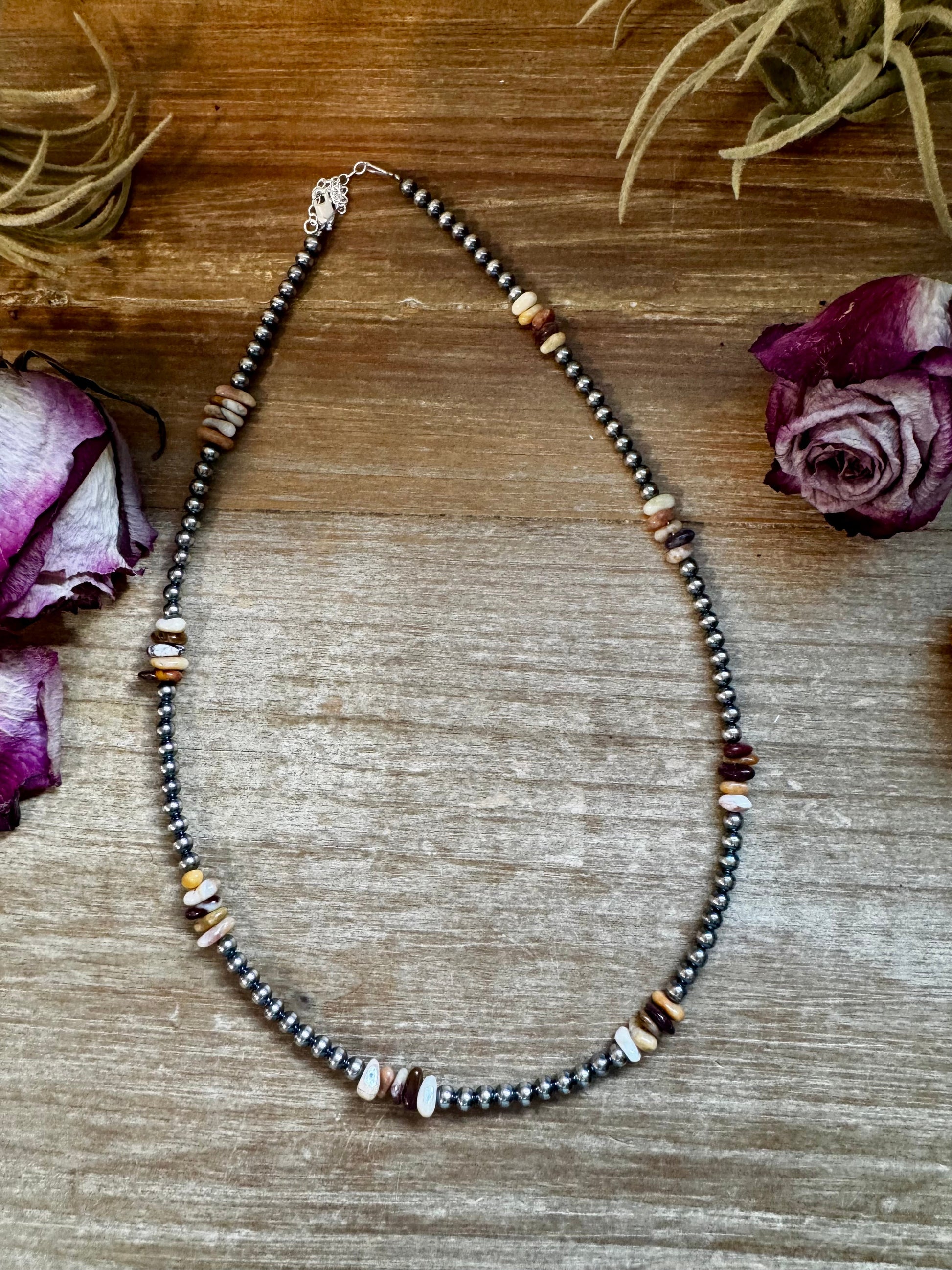 19-inch sterling silver pearl necklace with Nevada opal chip beads, handmade by The Bijoux FAB in the USA