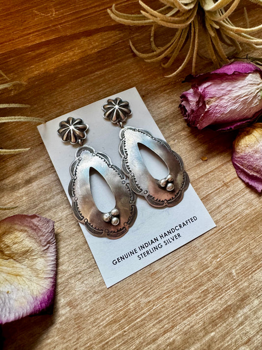 Sterling silver concho stud earrings with teardrop dangle, stamped RL, Native made in the USA, one of a kind