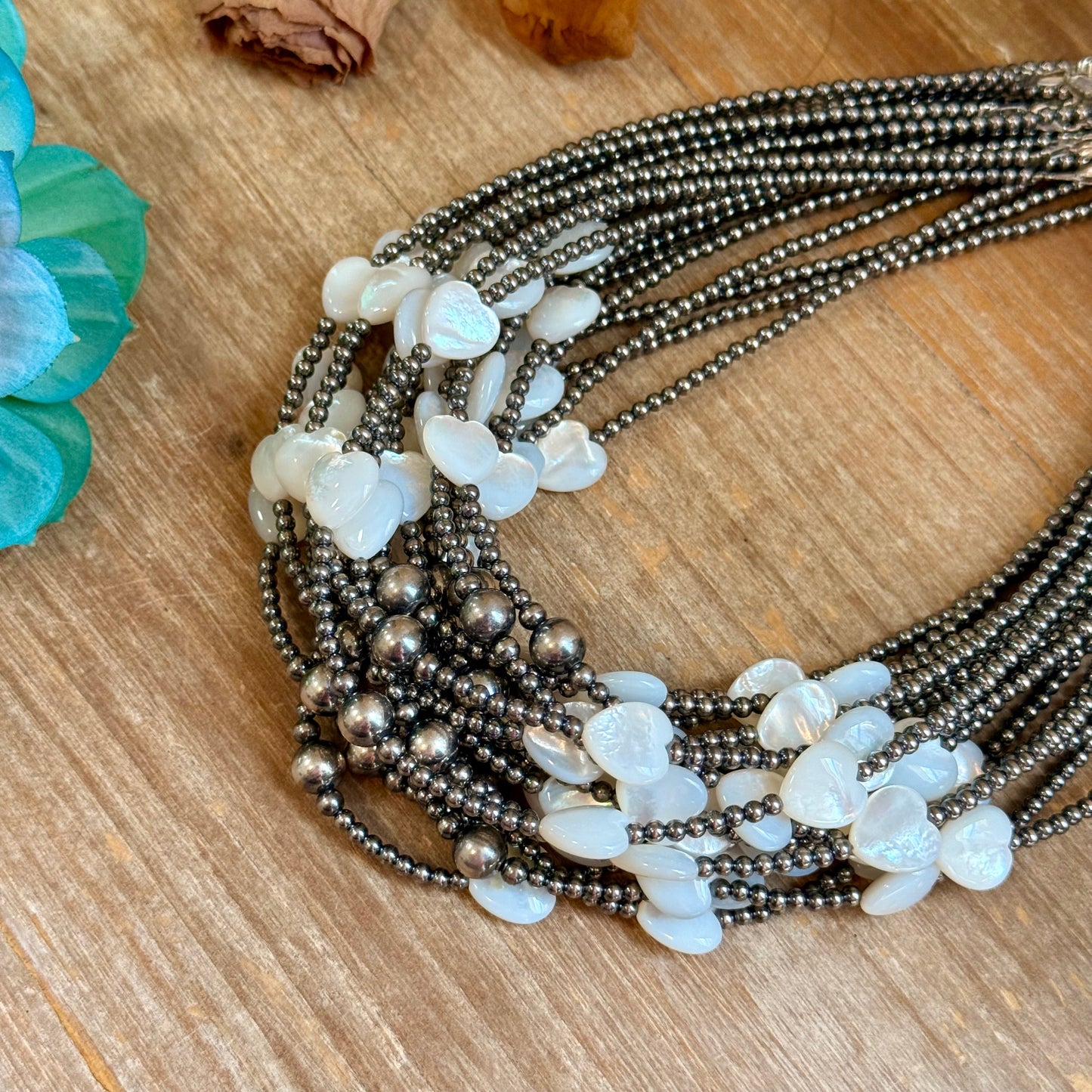 White Shell Heart & Sterling Silver Pearl Necklace - 15 inch