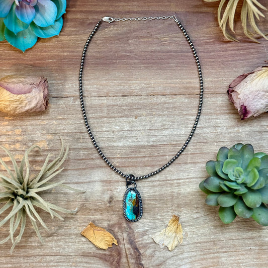 Long oval blue turquoise sterling silver pendant with free sterling silver pearl necklace handmade by The Bijoux FAB