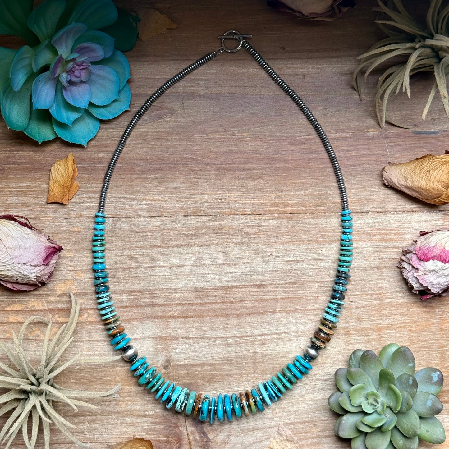 23 inch tri-color graduated turquoise necklace with silver hematite spacers and 10mm sterling silver pearls handmade in the USA