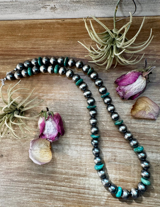 28.5-inch sterling silver pearl necklace with 16mm green turquoise rondelles, handmade by The Bijoux FAB in the USA, NFR Collection