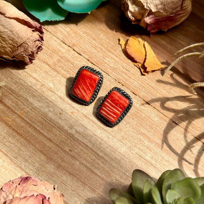 MJ Red-Orange Spiny Oyster Rectangle Stud Earrings with Twisted Wire