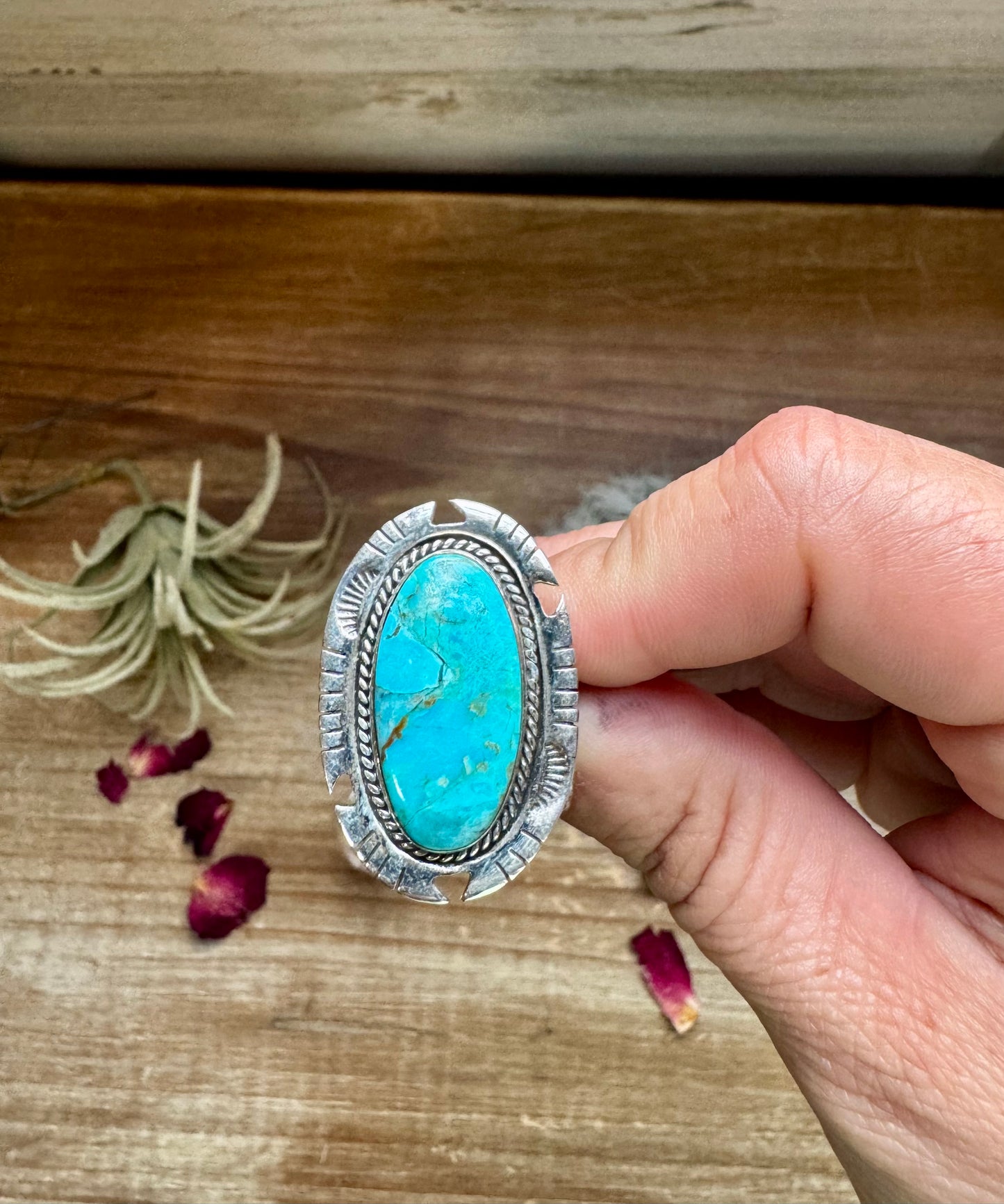 Oval Ring- Size 8- Kingman turquoise ring and sterling silver