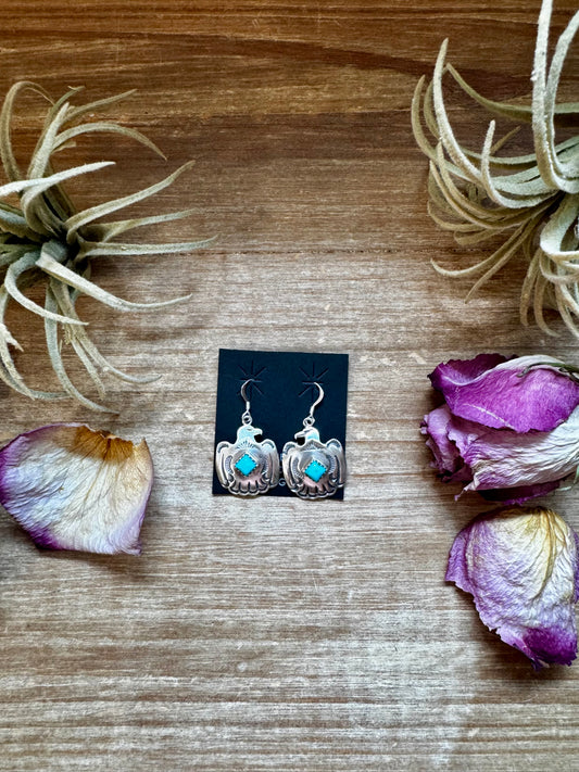 Sterling silver eagle bird dangle earrings with Kingman turquoise accent, Native made in the USA