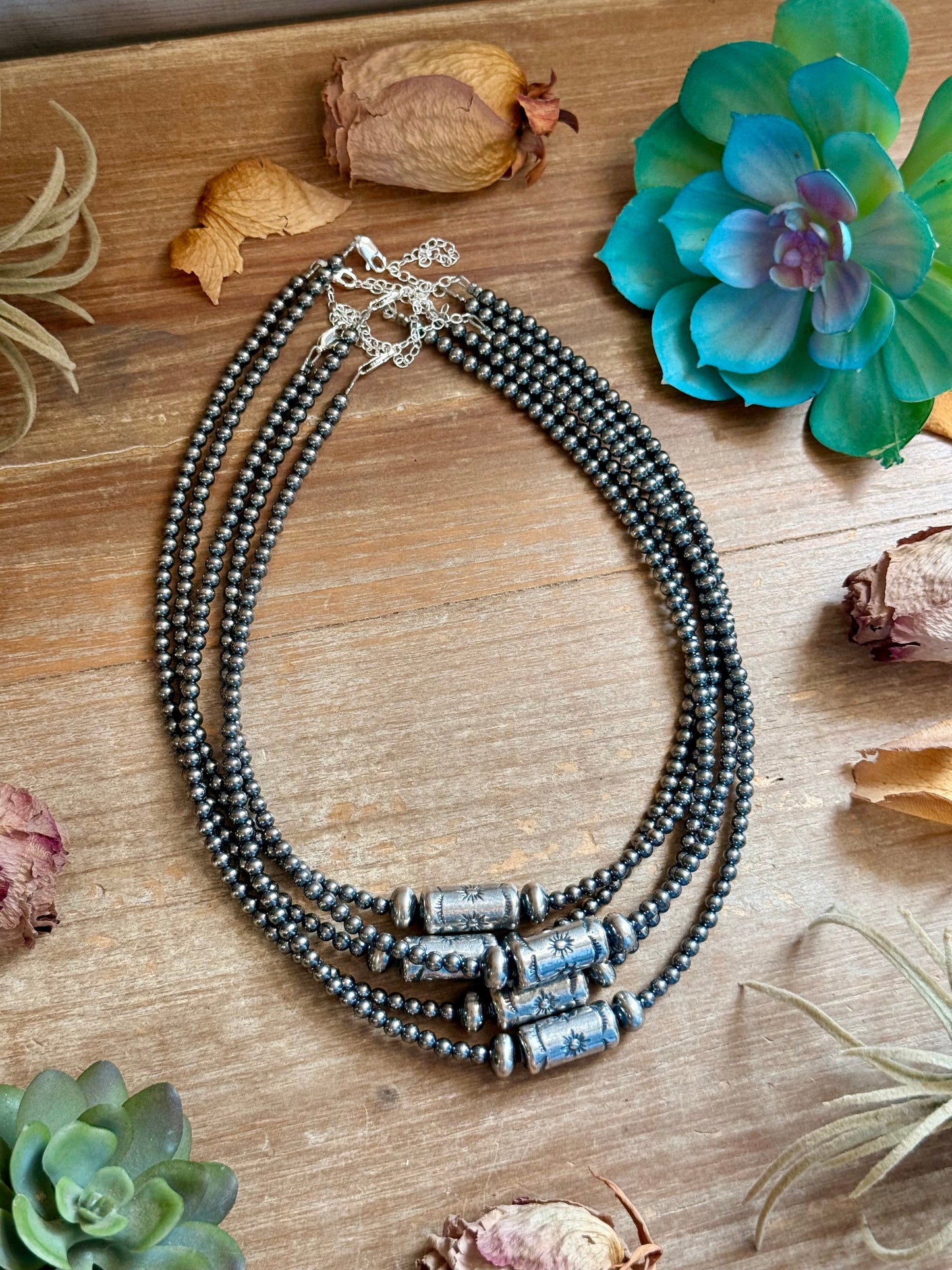 4mm Sterling Silver Pearl Necklace with Stamped Barrel Bead
