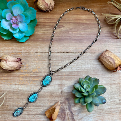 MJ 2 in 1 Three-Stone Turquoise Pendant & Handmade Paperclip Chain