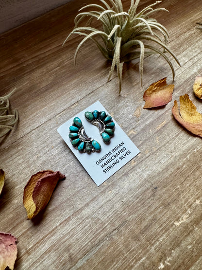 Handcrafted turquoise half cluster earrings made with genuine turquoise stones and solid sterling silver. Stamped LW. Each pair has unique color and pattern variations. Made in the USA and curated by The Bijoux FAB.