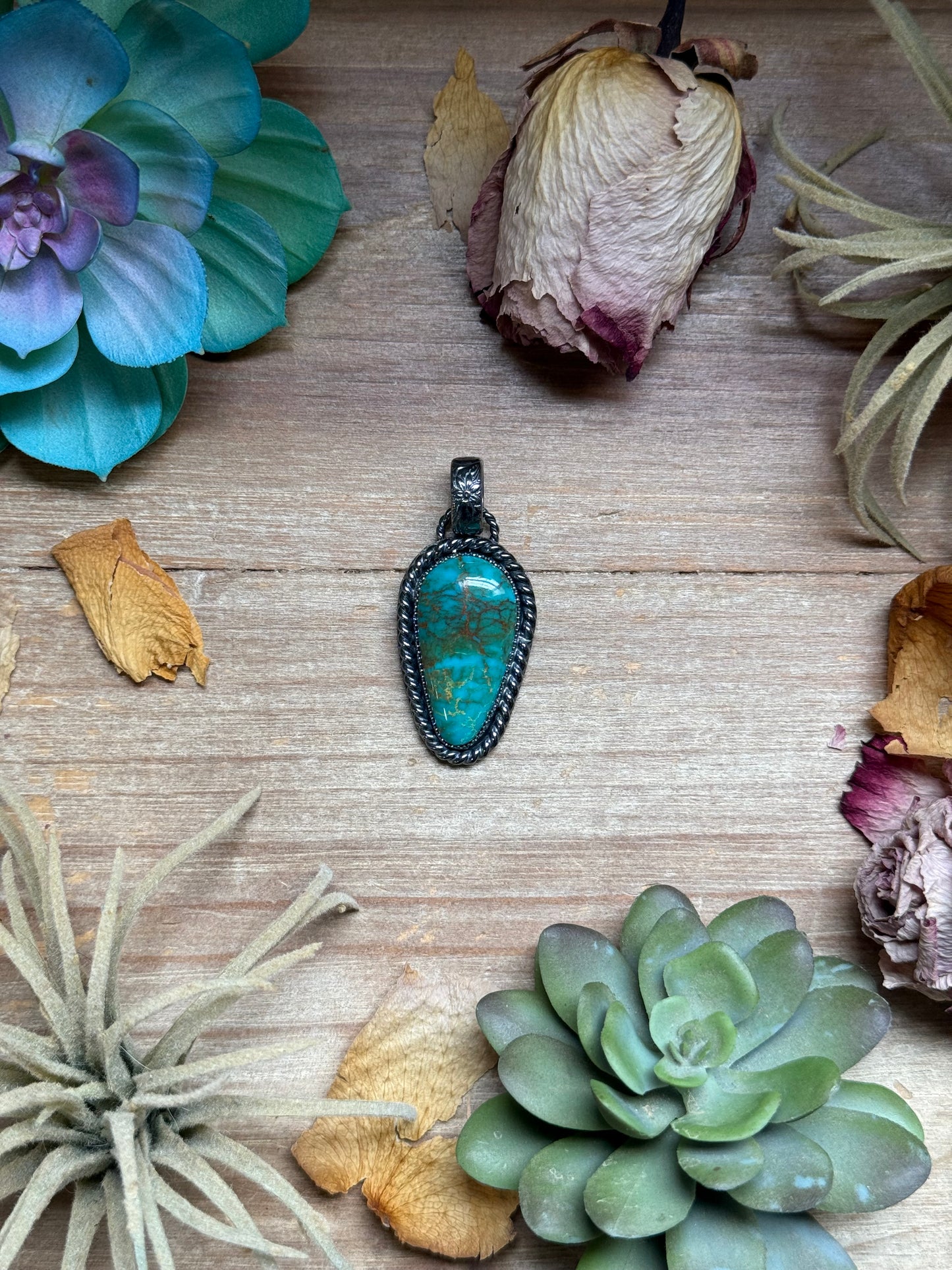 Sterling silver turquoise teardrop pendant for 6mm pearls with natural matrix, MJ pendant made in USA
