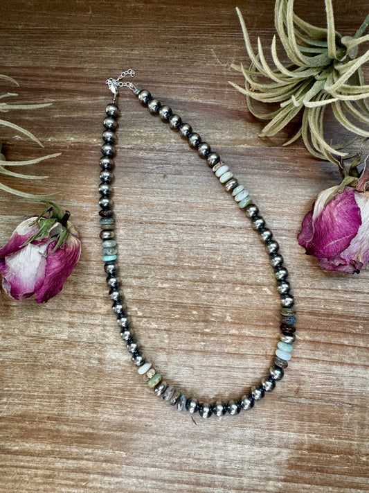 18-inch sterling silver pearl necklace with 8mm Peruvian opal rondelles, handmade by The Bijoux FAB in the USA