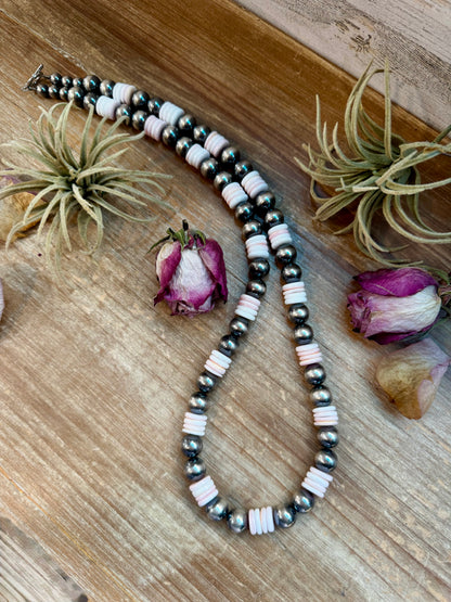 30-inch sterling silver pearl necklace with 10mm pink conch rondelles, handmade by The Bijoux FAB in the USA, NFR Collection
