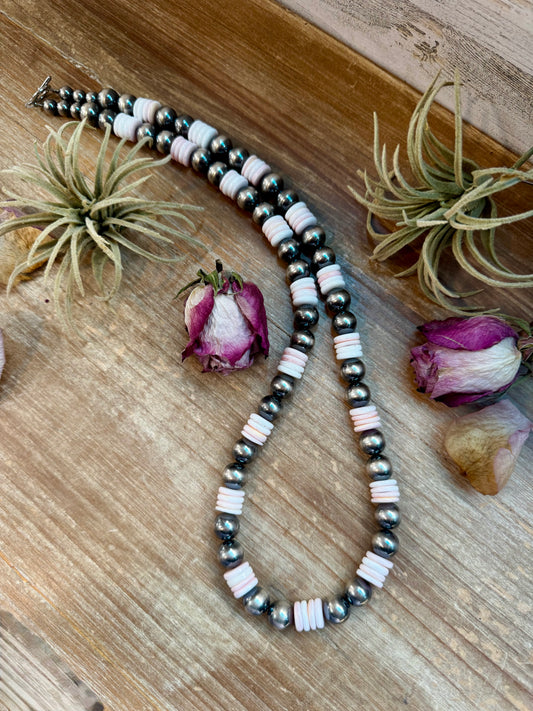 30-inch sterling silver pearl necklace with 10mm pink conch rondelles, handmade by The Bijoux FAB in the USA, NFR Collection