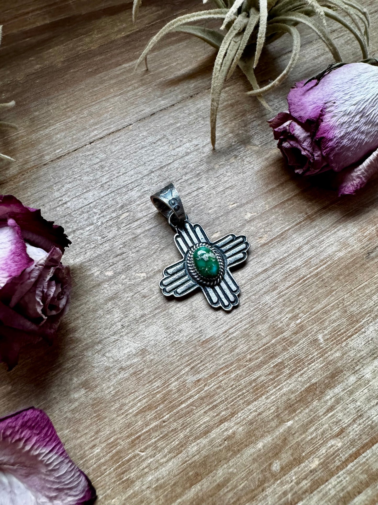 Zia Symbol Pendant with Green Sonoran Gold Turquoise – Sterling Silver – Native Made by K. Billah – Fits 8mm