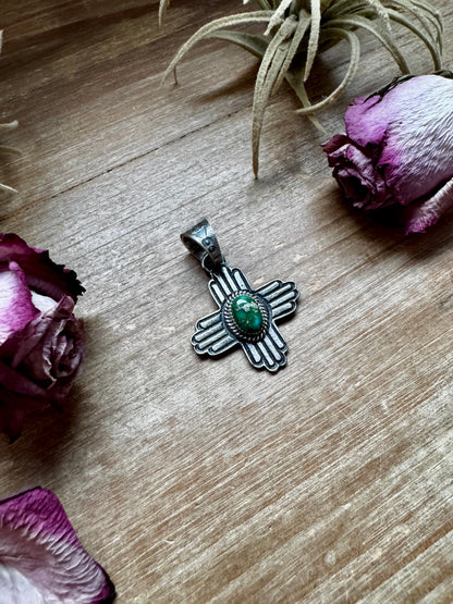 Zia Symbol Pendant with Green Sonoran Gold Turquoise – Sterling Silver – Native Made by K. Billah – Fits 8mm