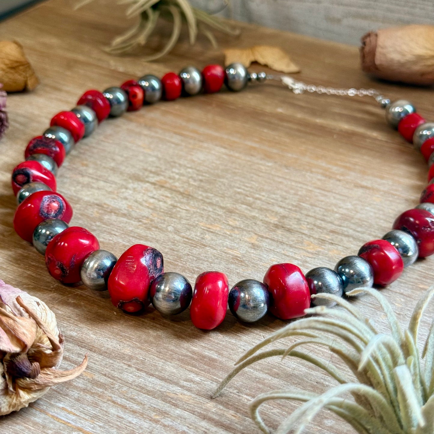 Graduated Dyed Red Coral & Sterling Silver Pearl Necklace