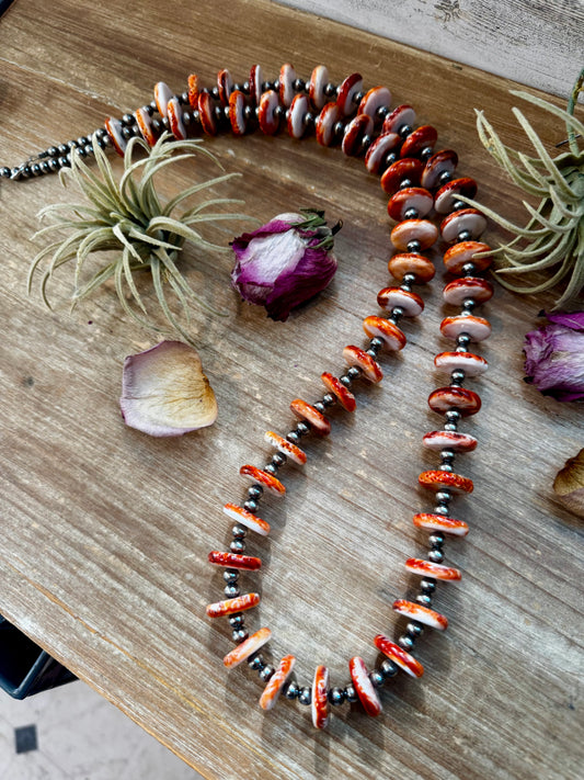 38-inch sterling silver pearl necklace with 16mm orange spiny oyster, handmade by The Bijoux FAB in the USA, NFR Collection