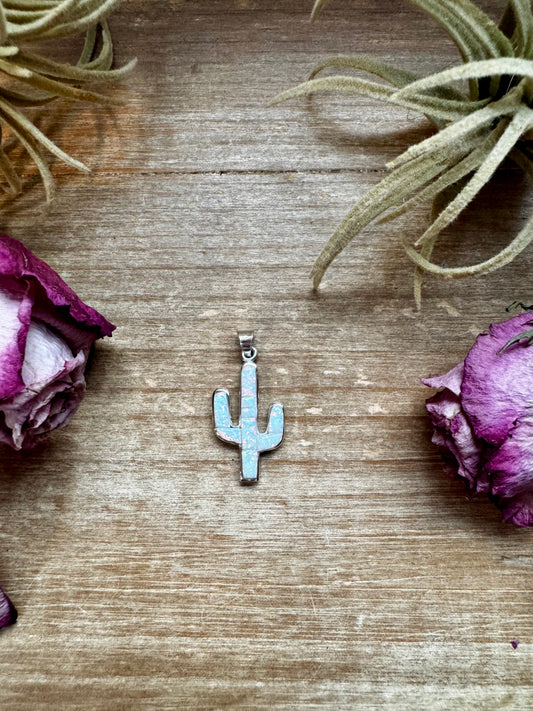 Sterling silver cactus pendant with white opal center, fits 4mm pearls, handmade in the USA