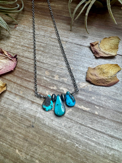 16-inch handmade necklace with bright blue turquoise and sterling silver pearls, made in Texas
