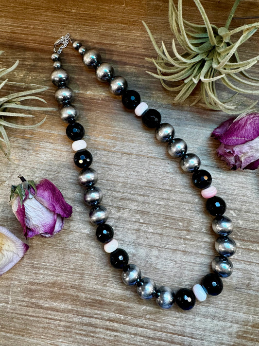 21-inch sterling silver pearl necklace with faceted black onyx and pink conch spacers, handmade by The Bijoux FAB in the USA, NFR Collection