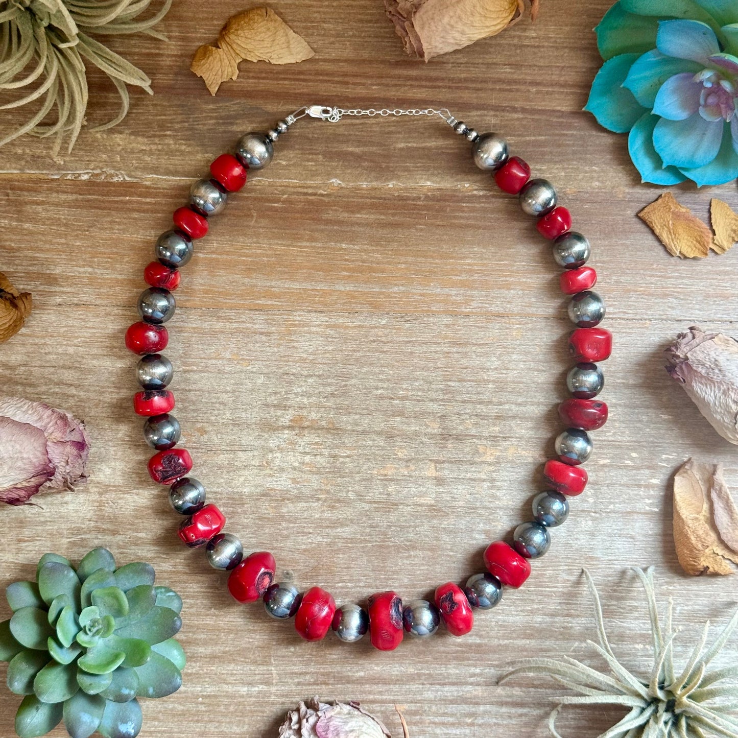 Graduated Dyed Red Coral & Sterling Silver Pearl Necklace