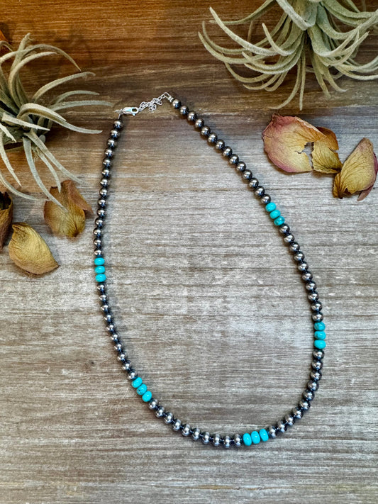 19" sterling silver pearl necklace with bright blue Camarondelle turquoise, handmade by The Bijoux FAB in the USA