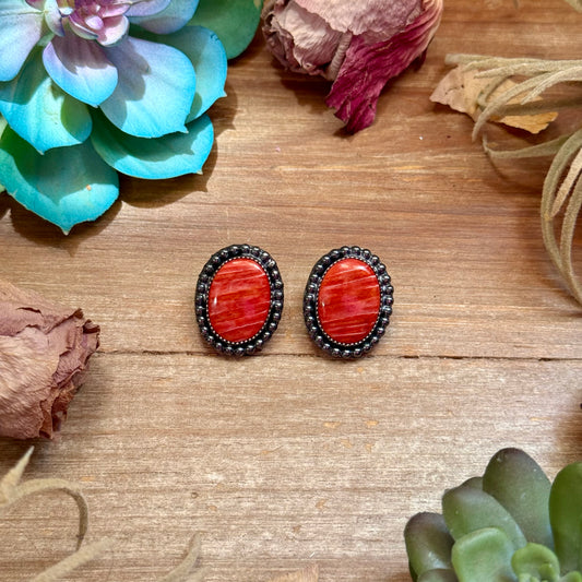 Handmade red spiny oyster oval sterling silver stud earrings by The Bijoux FAB
