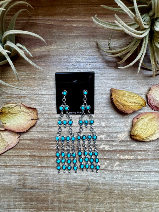 Sterling silver chandelier earrings with Kingman turquoise stones, handcrafted in the USA