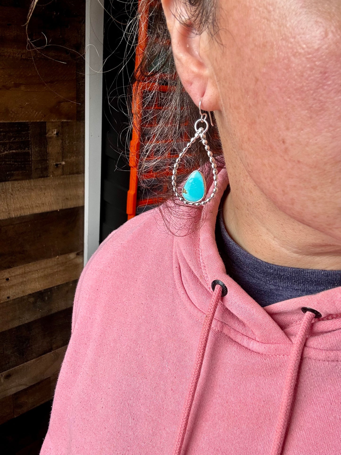 Long Dangle Earrings Hoop Turquoise & Sterling Silver