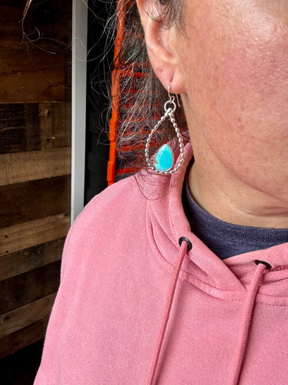 Long Dangle Earrings Hoop Turquoise & Sterling Silver