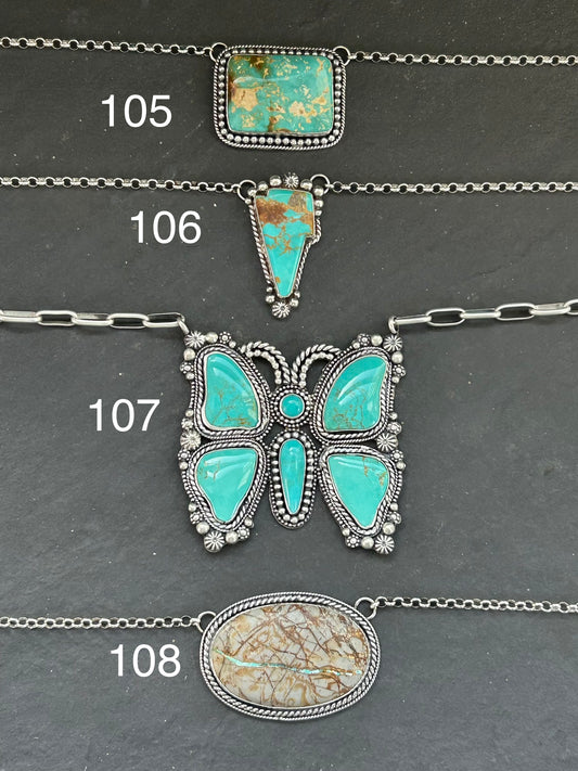 Sterling silver fixed chain necklace with Kingman turquoise lightning bolt by Texas artist Jason Ogg
