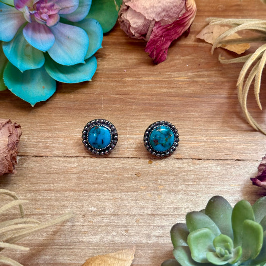 Handmade round turquoise sterling silver stud earrings by The Bijoux FAB
