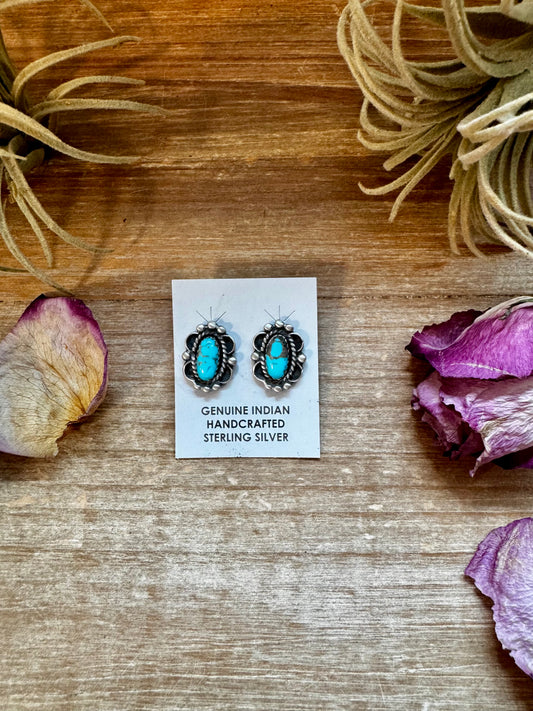 Kingman turquoise stud earrings with sterling silver pearl detail, Native made by L. Silversmith in the USA