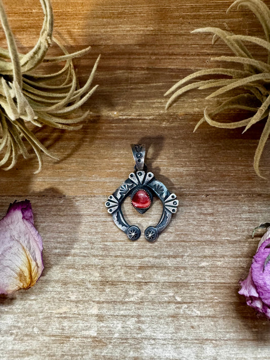 Sterling silver Naja pendant with dark red and purple spiny oyster stone, stamped KB, Native made in the USA, fits 8mm pearls