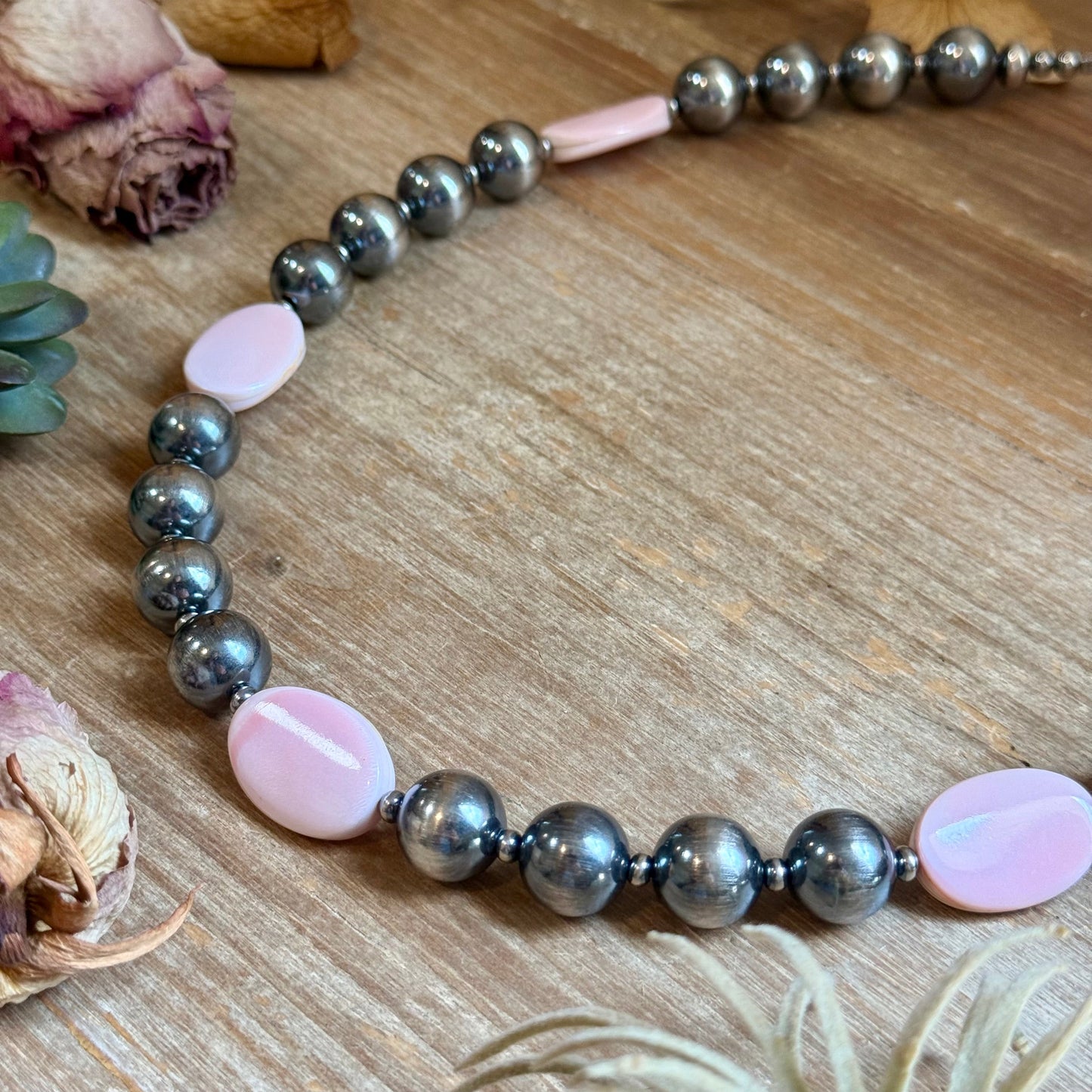Pink Conch Oval & Sterling Silver Pearl Necklace